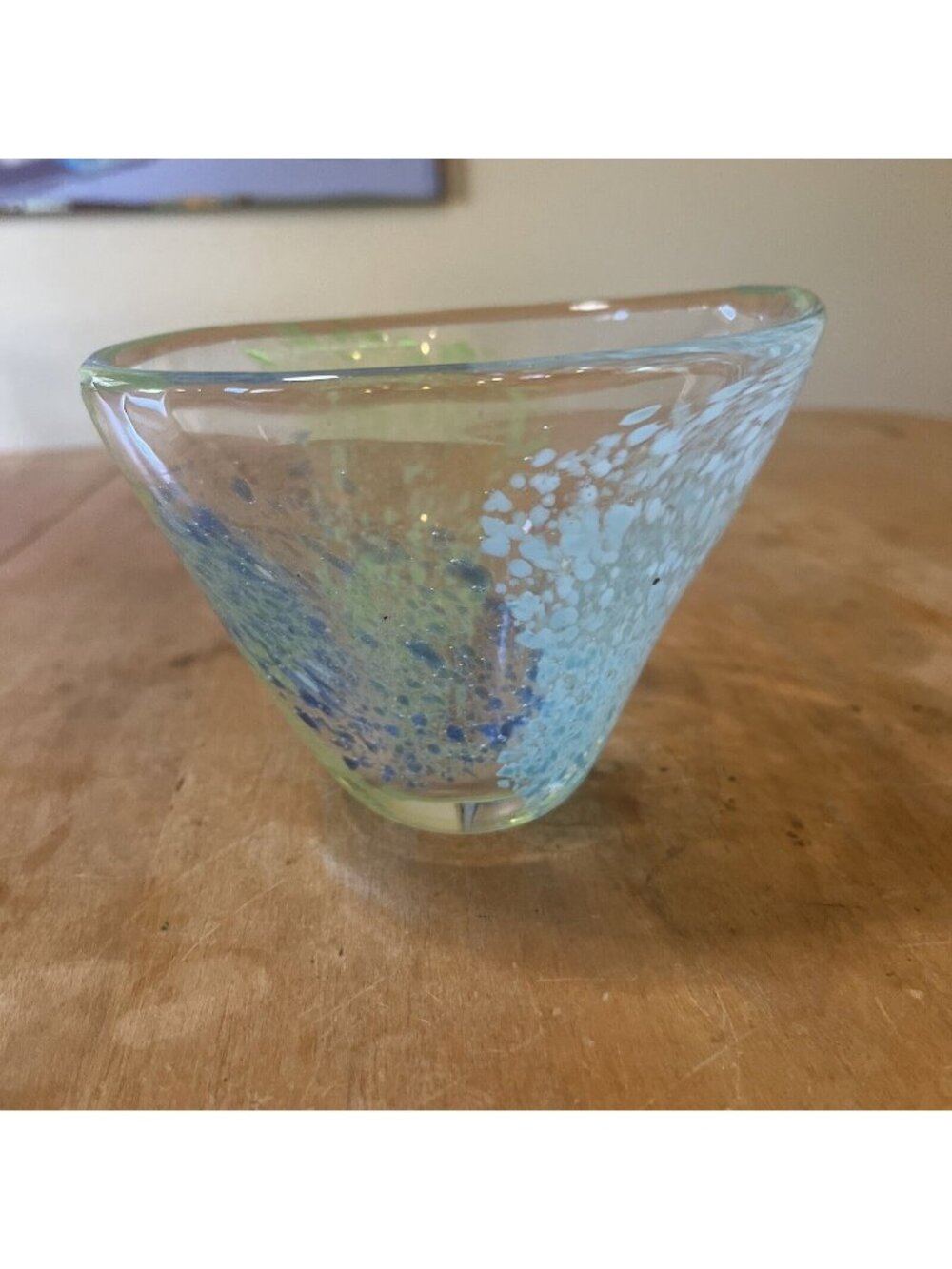 Yellow Green Blue Clear Blown Glass Bowl Abstract Lines Pointillistic Fields 4in